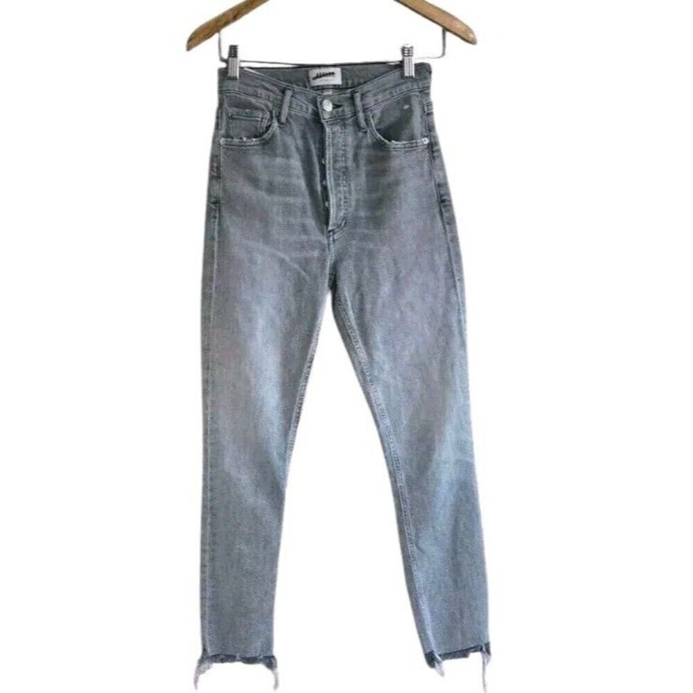 AGOLDE Nico Jeans Gray High Rise Straight  Button Fly Raw Hem Size 25